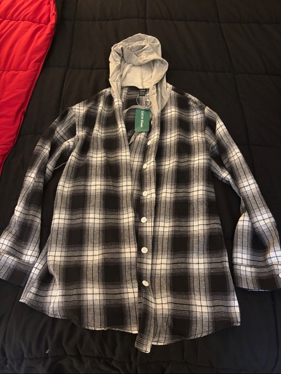 SHEIN Tops - SHEIN Black and White Plaid Button-Down Shirt with Gray Hood